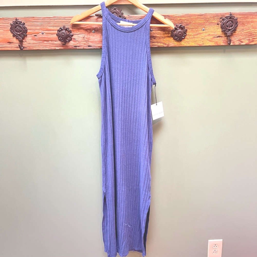 Bella Dahl Blue Ribbed Midi Dress Sleeveless Side Slit Hemp Cotton B6596-F42-302